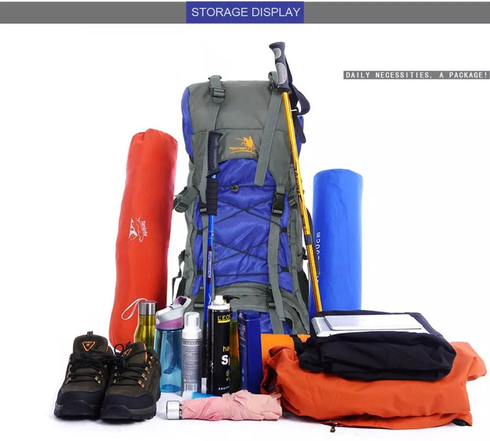 Extra Large Outdoor 60L Travel Backpack with external storage and waist bags