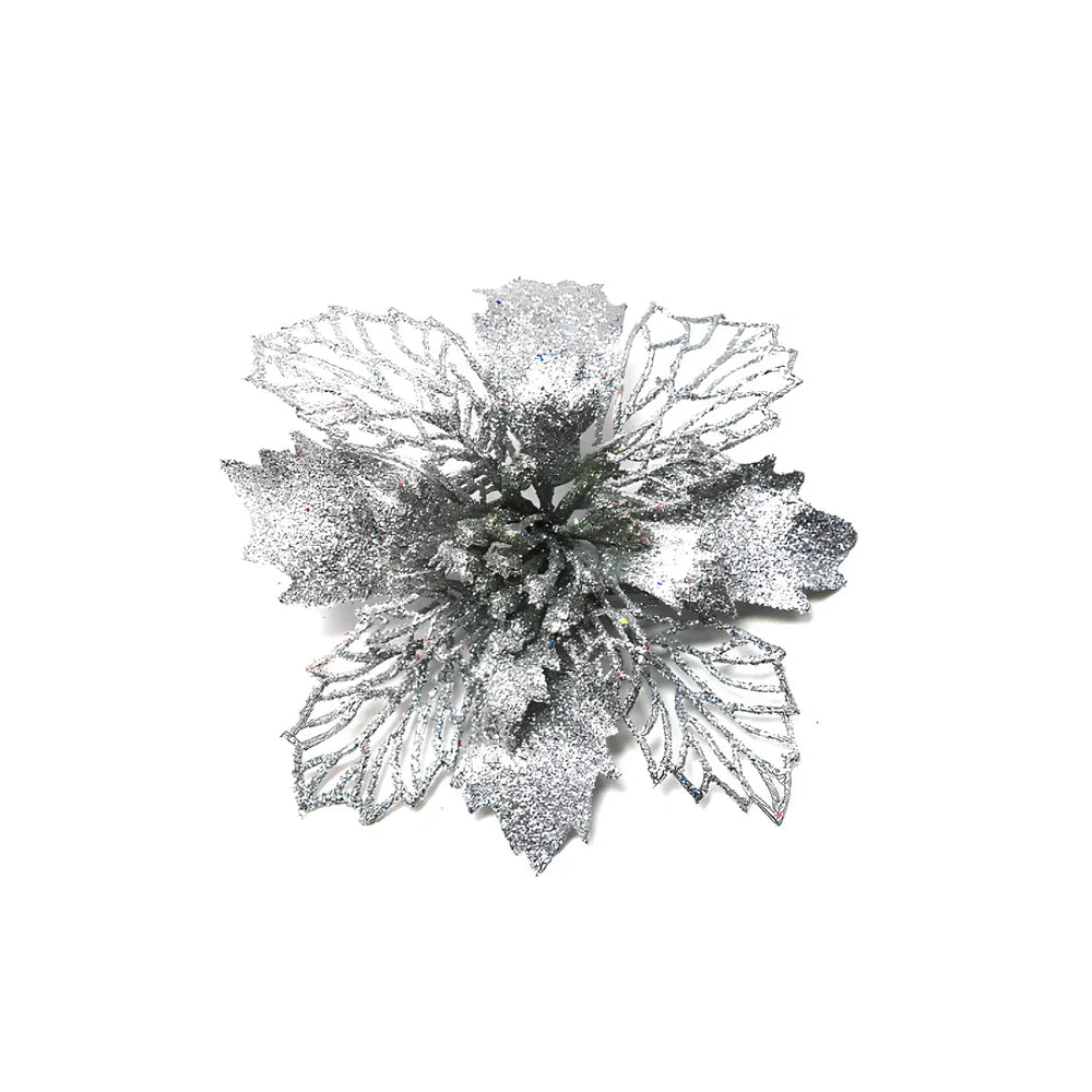 Glitter artificial Christmas flowers measuring 11cm with sparkling coating in various colour options