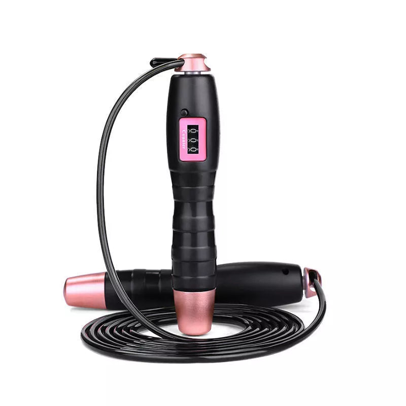 Adjustable digital skipping rope with black and pink options, featuring a digital counter