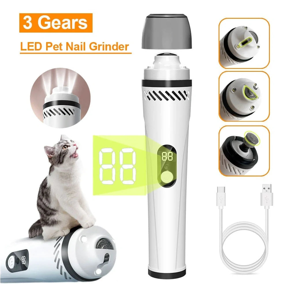 Electric dog nail trimmer device with LED display showing speed settings and dust collection system