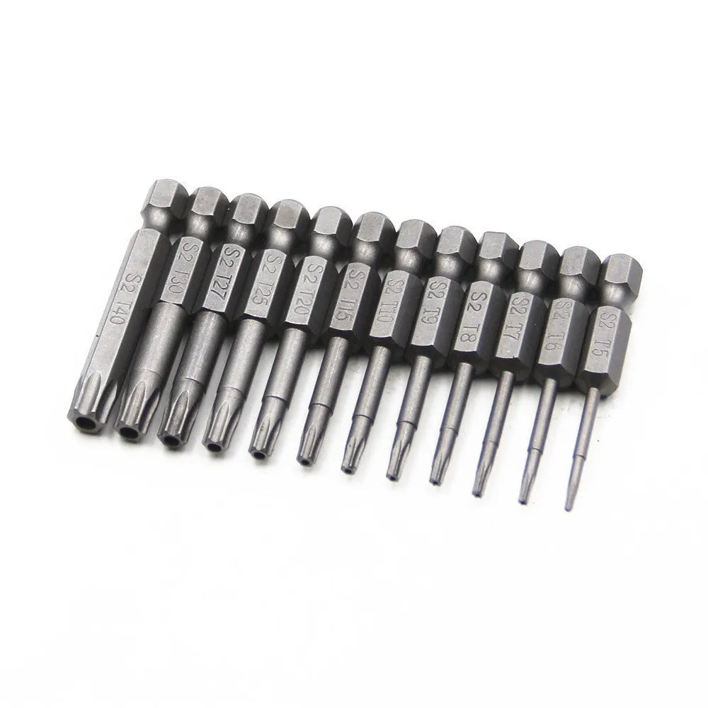 Set of alloy hexagon handle screwdrivers in 50mm, 75mm, and 100mm lengths with plum blossom hollow tips.