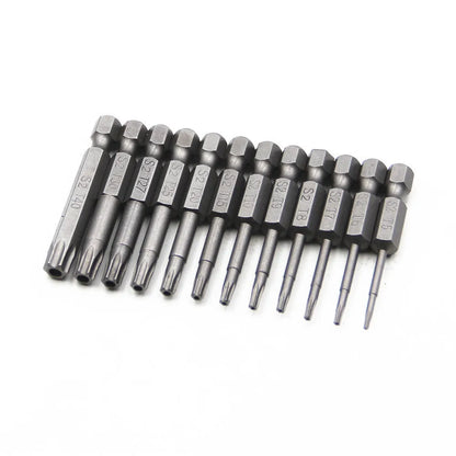 Set of alloy hexagon handle screwdrivers in 50mm, 75mm, and 100mm lengths with plum blossom hollow tips.
