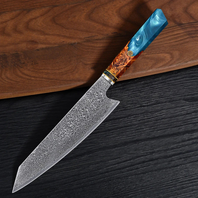 Premium 67-layer Damascus steel chef's knife with elegant brocade pattern, durable corrosion-resistant construction, and ergonomic handle for exceptional cutting performance