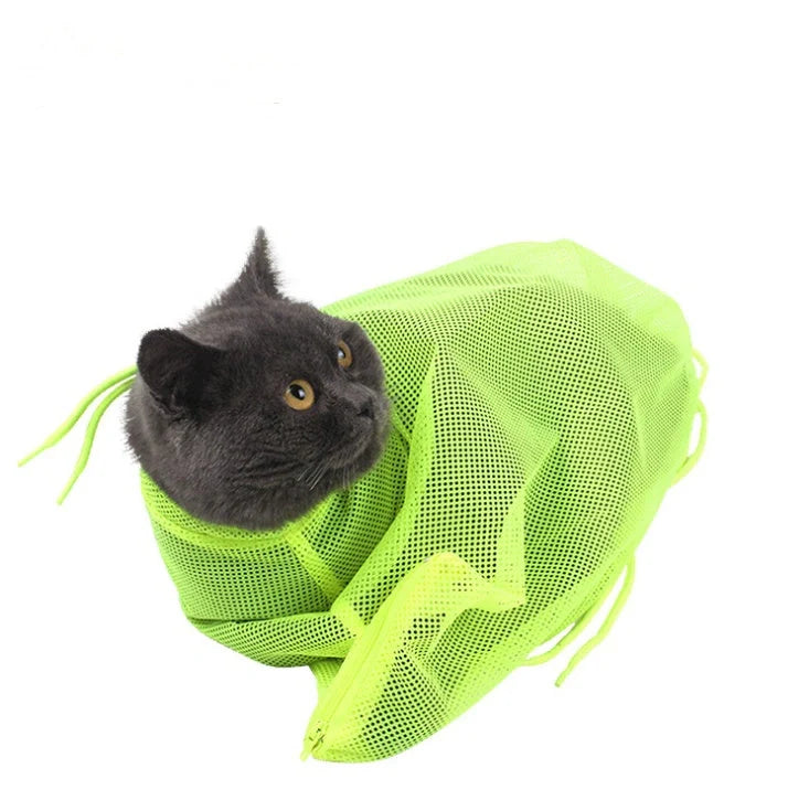 Adjustable polyester cat grooming bag with front zipper for easy paw access