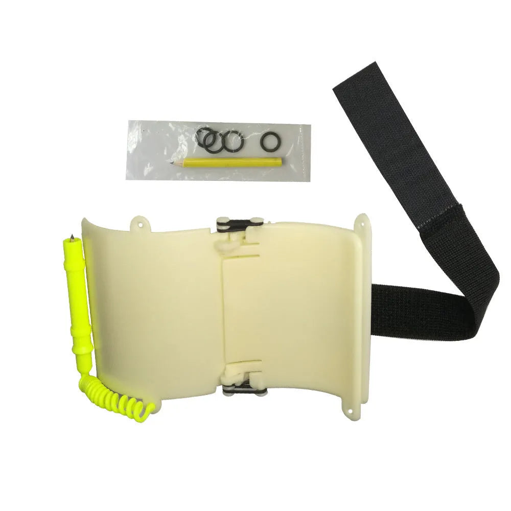 White luminous dive slate wristboard for underwater writing, shown with pencil and spare O-ring.