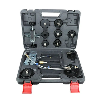 Pneumatic brake fluid replacement machine with large tank, pressure gauge, regulator, and transparent drain pipe.