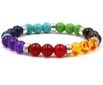 Natural Stone Colorful Chakra Energy Yoga Bracelet with geometric design and 8mm beads