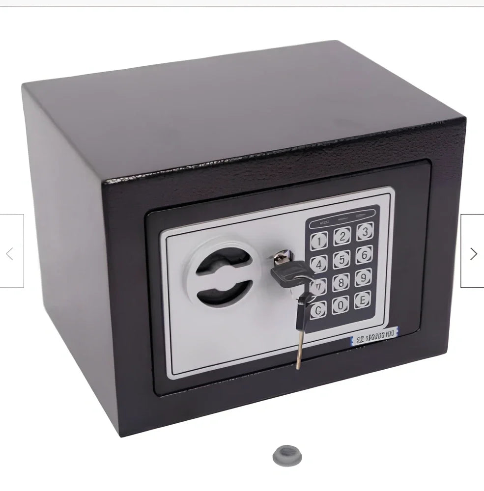 Mini office safe with digital password panel in black, white, blue, gold, pink, or red colour options