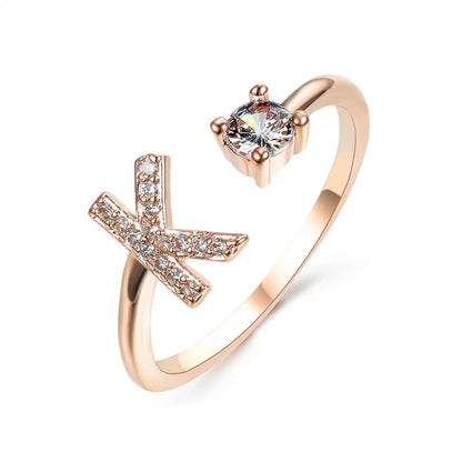 Personalized Initial Letter Adjustable Ring made of copper alloy and zircon, showcasing a vintage-inspired design