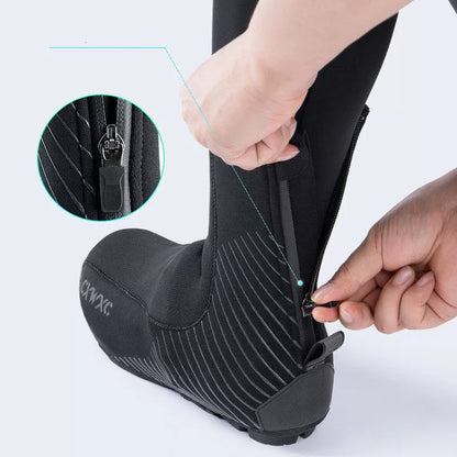 Black bike shoe cover with reflective details for wind and waterproof protection