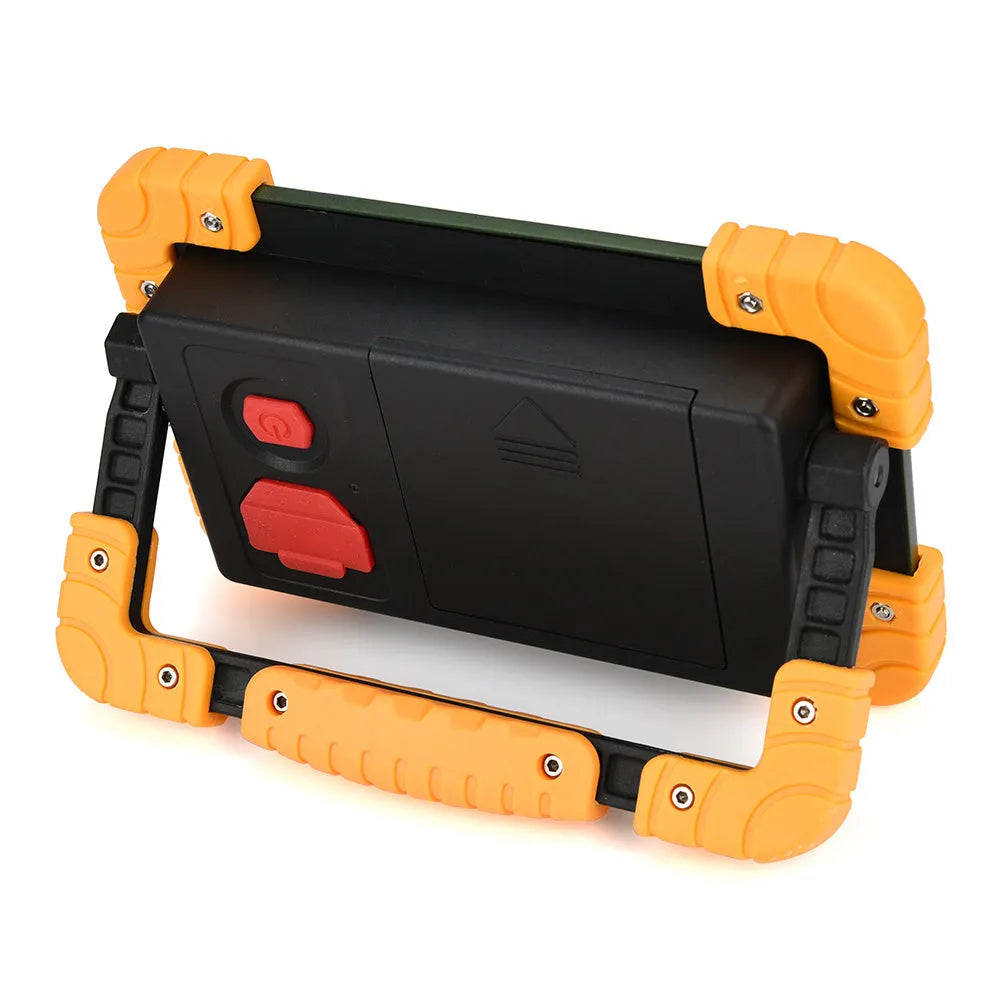 Yellow aluminium alloy COB work light, 50W, 120° wide beam, IP65 waterproof, USB cable, 20.5 x 4 x 13 cm