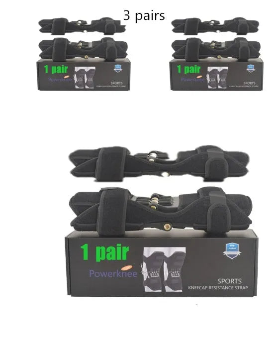 Adjustable spring knee brace for sports support in black, shown with straps.