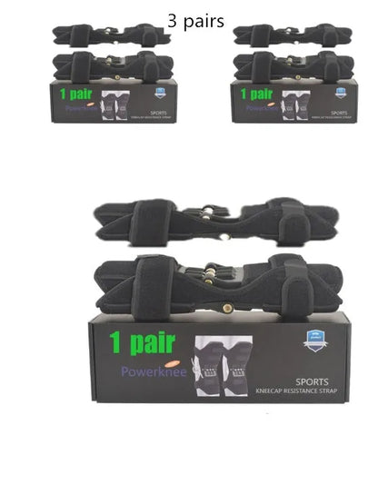 Adjustable spring knee brace for sports support in black, shown with straps.
