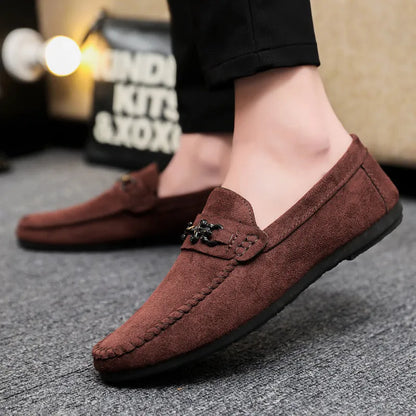 Men's black waterproof slip-on loafers with round toe and low stiletto heel on a rubber sole