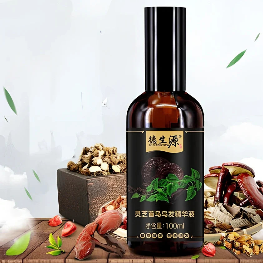 Black Polygonum shampoo bottle with herbal extracts for hair moisturisation and nutrition in 100ml or 200ml sizes