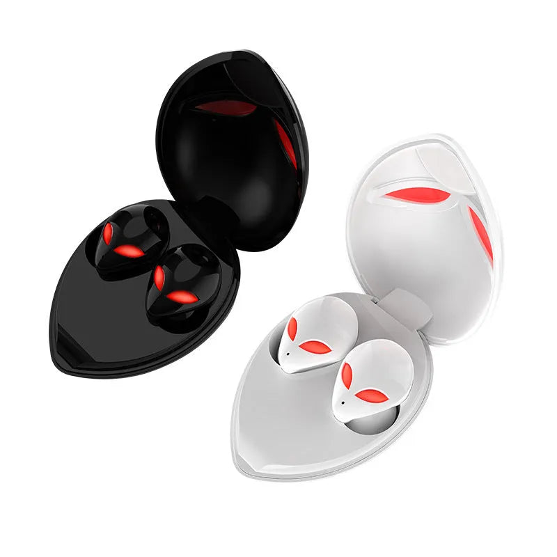 Creative Outer T8 Starman alien design Bluetooth headset and charging case in black or white.