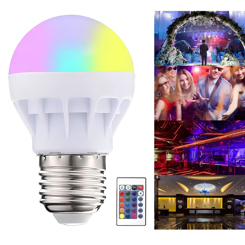 RGBW LED bulb with remote control showing colour-changing capability and plastic aluminium construction