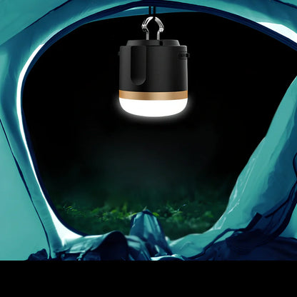 Compact black silver LED camping tent light, 78x67mm with 7200mAh battery and waterproof design for outdoor use