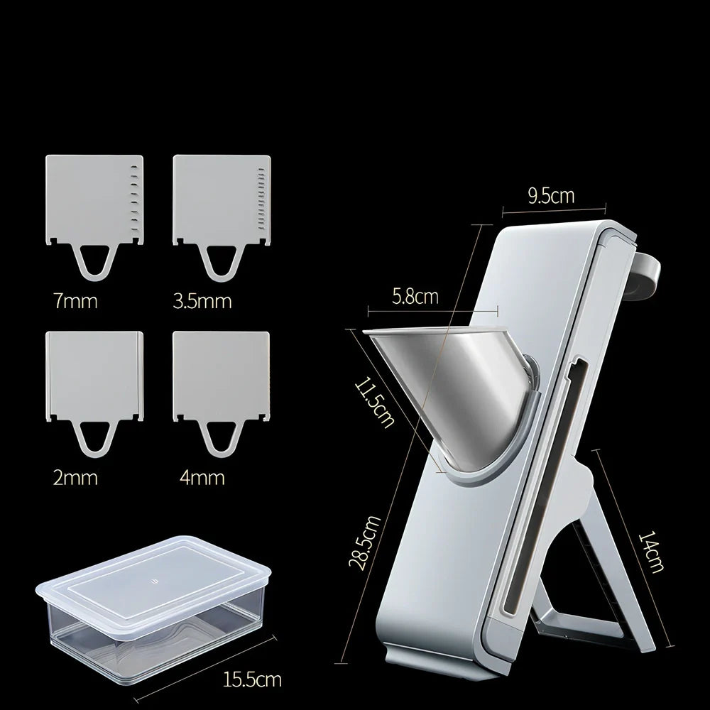 Hand-crank vegetable cutter with three stainless steel blades and fresh-keeping container, grey colour, 28.8cm length