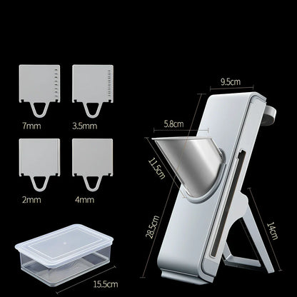 Hand-crank vegetable cutter with three stainless steel blades and fresh-keeping container, grey colour, 28.8cm length