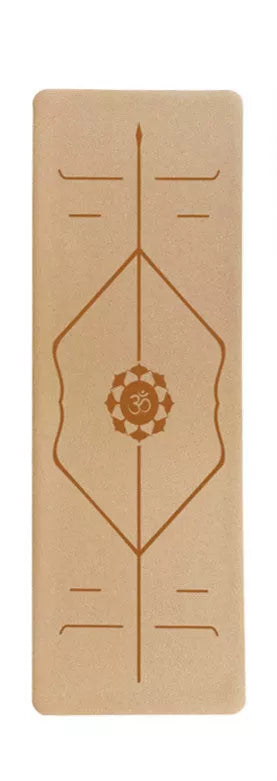Cork rubber yoga mat with optional body position lines for alignment, 6mm thick