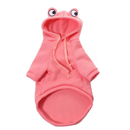 Green frog costume hoodie for a small dog, showing hood with ears and sweatshirt body.