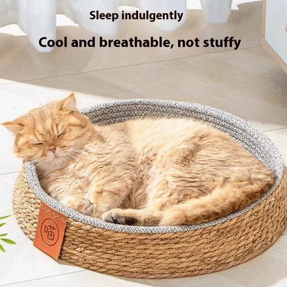 Woven rattan cat nest showing open construction for airflow, available in multiple sizes