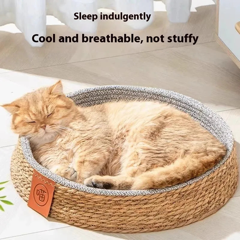 Natural rattan woven cat nest bed, available in four sizes, shown as a breathable basket-style pet bed.