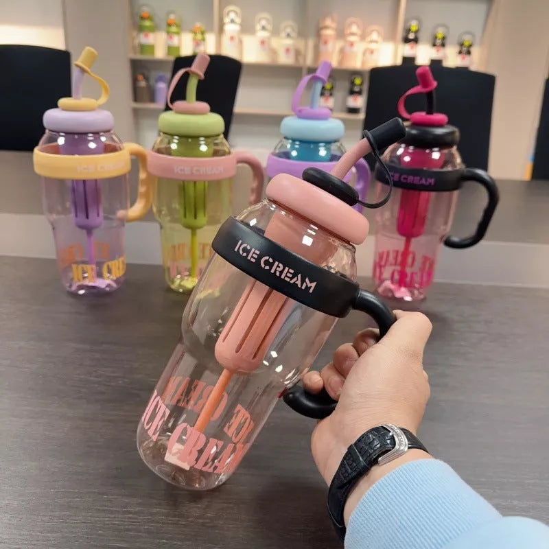 Cartoon design plastic water bottle with straw, 1200ml capacity, available in pink, purple, red, black, yellow