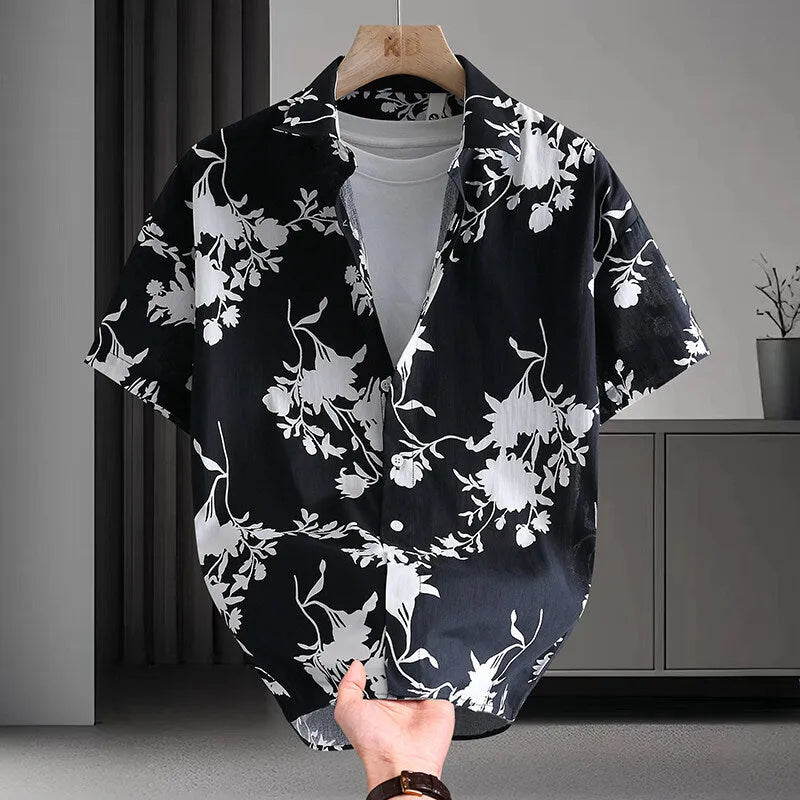 Men's Hawaiian style cotton summer shirt with floral printed pattern in cardigan design