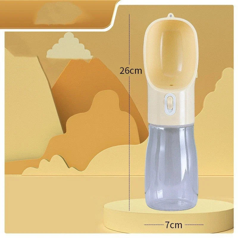 Portable pet water bottle and feeding bowl made of durable, BPA-free plastic with a leak-proof design and large opening for easy drinking and refilling