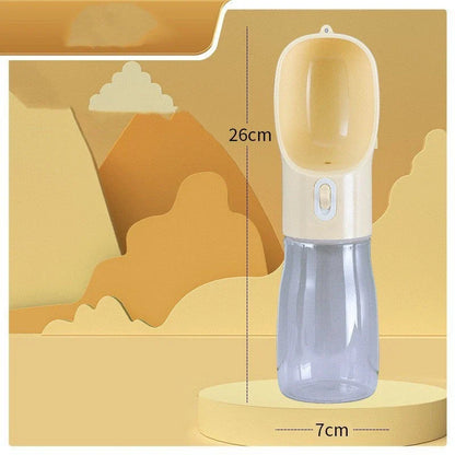 Portable pet water bottle and feeding bowl made of durable, BPA-free plastic with a leak-proof design and large opening for easy drinking and refilling