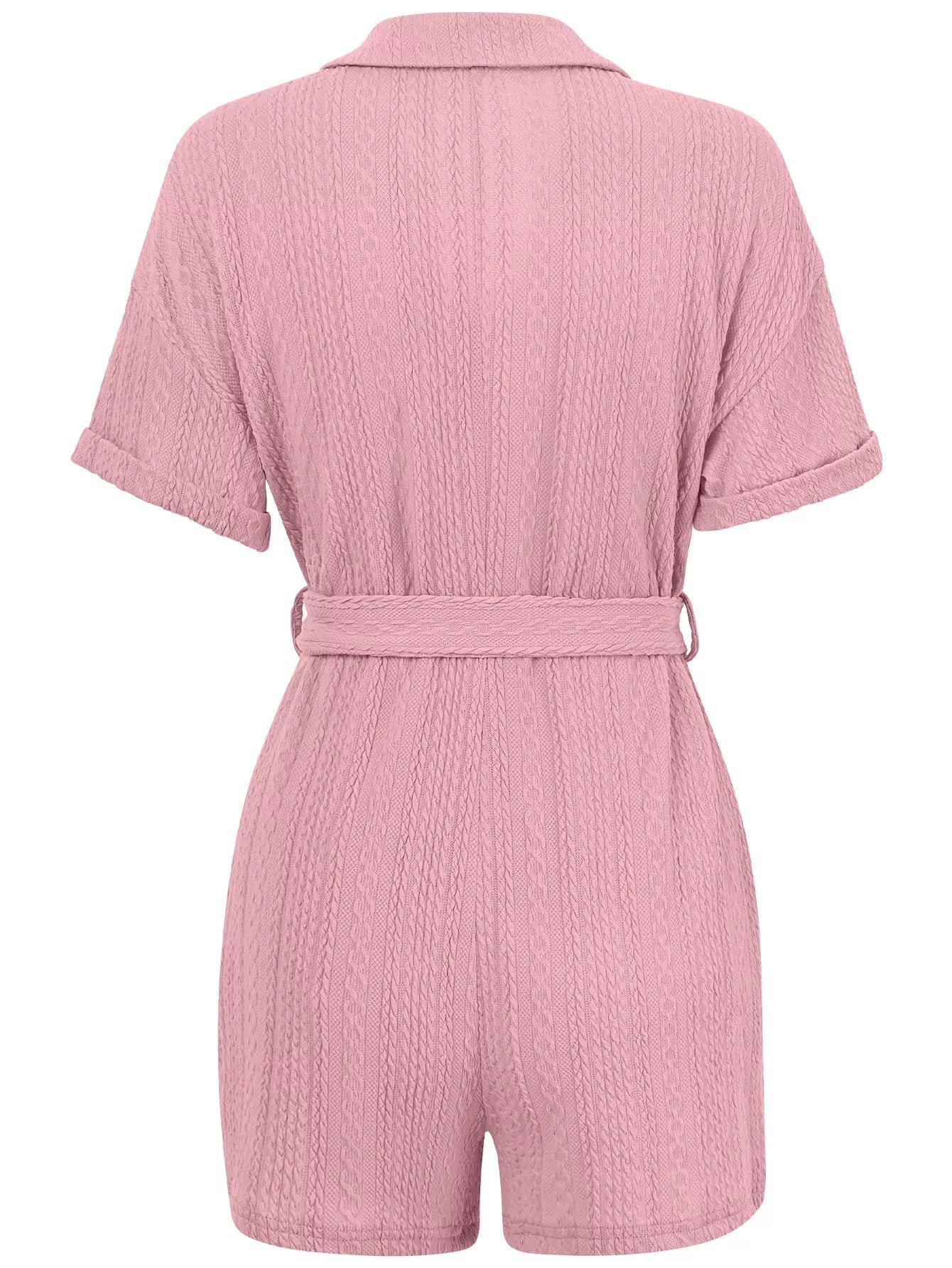 Women's short-sleeved jumpsuit with lace-up collar in pink, blue, and light green