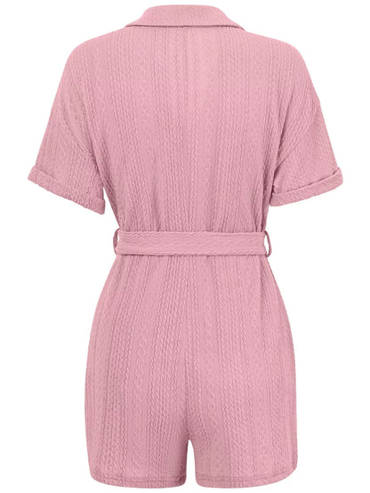 Women's short-sleeved jumpsuit with lace-up collar in pink, blue, and light green