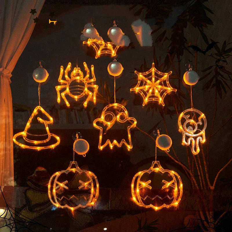 Spooktacular Halloween Hanging LED Lights with spiders, pumpkins, and ghostly figures for a haunting holiday ambiance