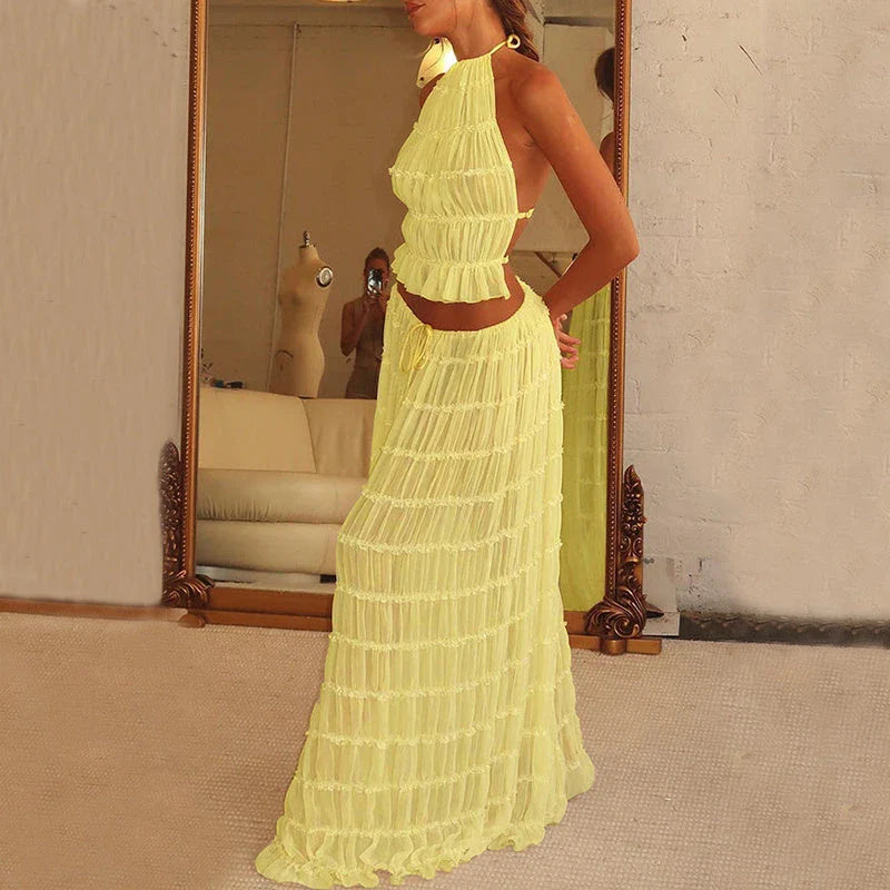Sleeveless backless crop top and pleated maxi dress set in various colors