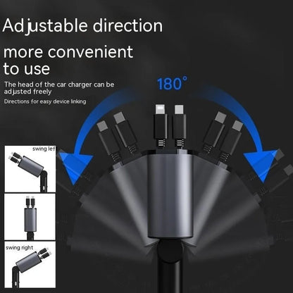 Automatic retractable car charger with 120W output and USB ports for fast charging in vehicles