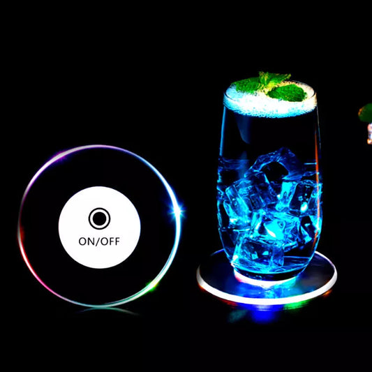 LED Glow Coaster with vibrant colors illuminating a cocktail glass