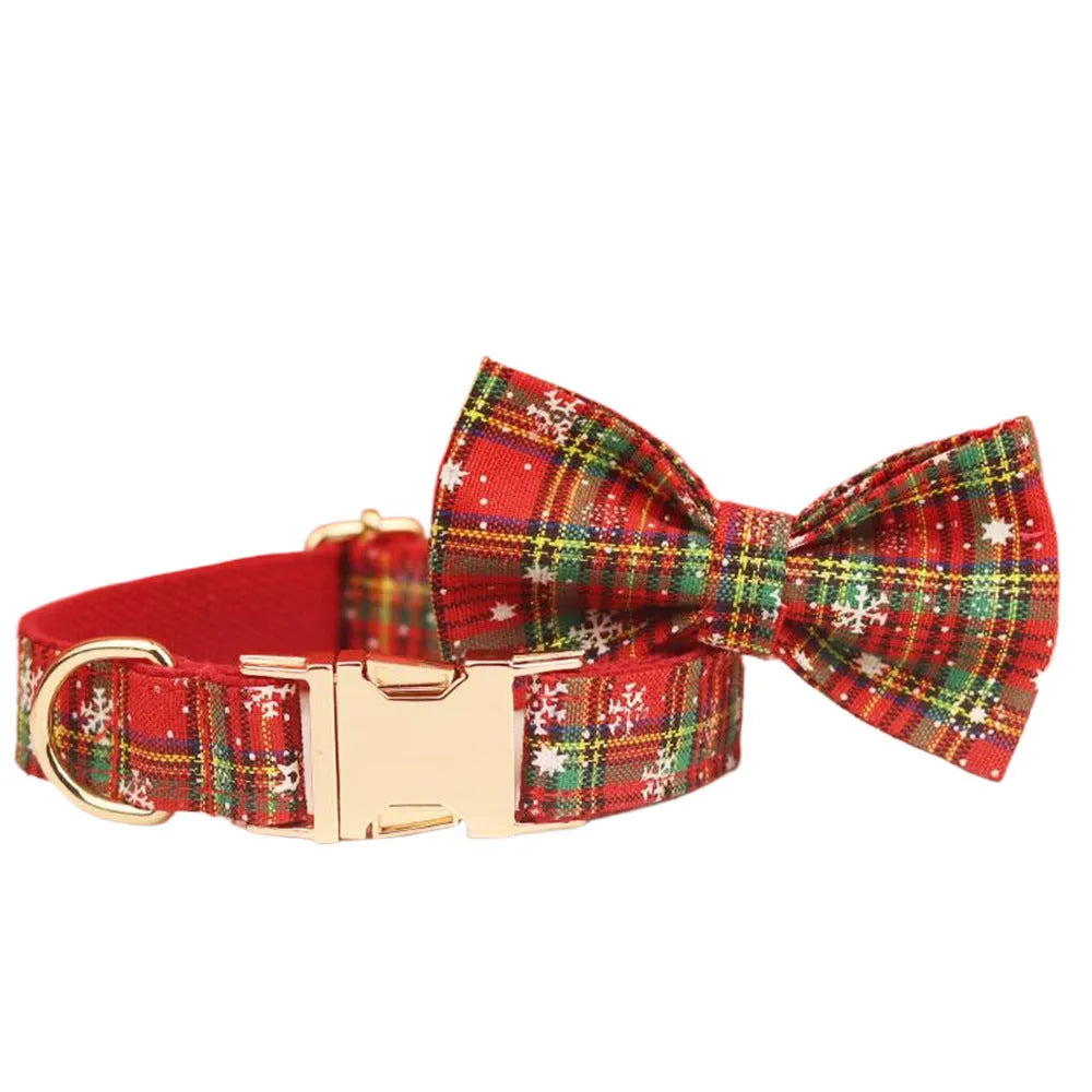 Red snowflake plaid Christmas dog collar and leash set with matching floral vest and bow accessory