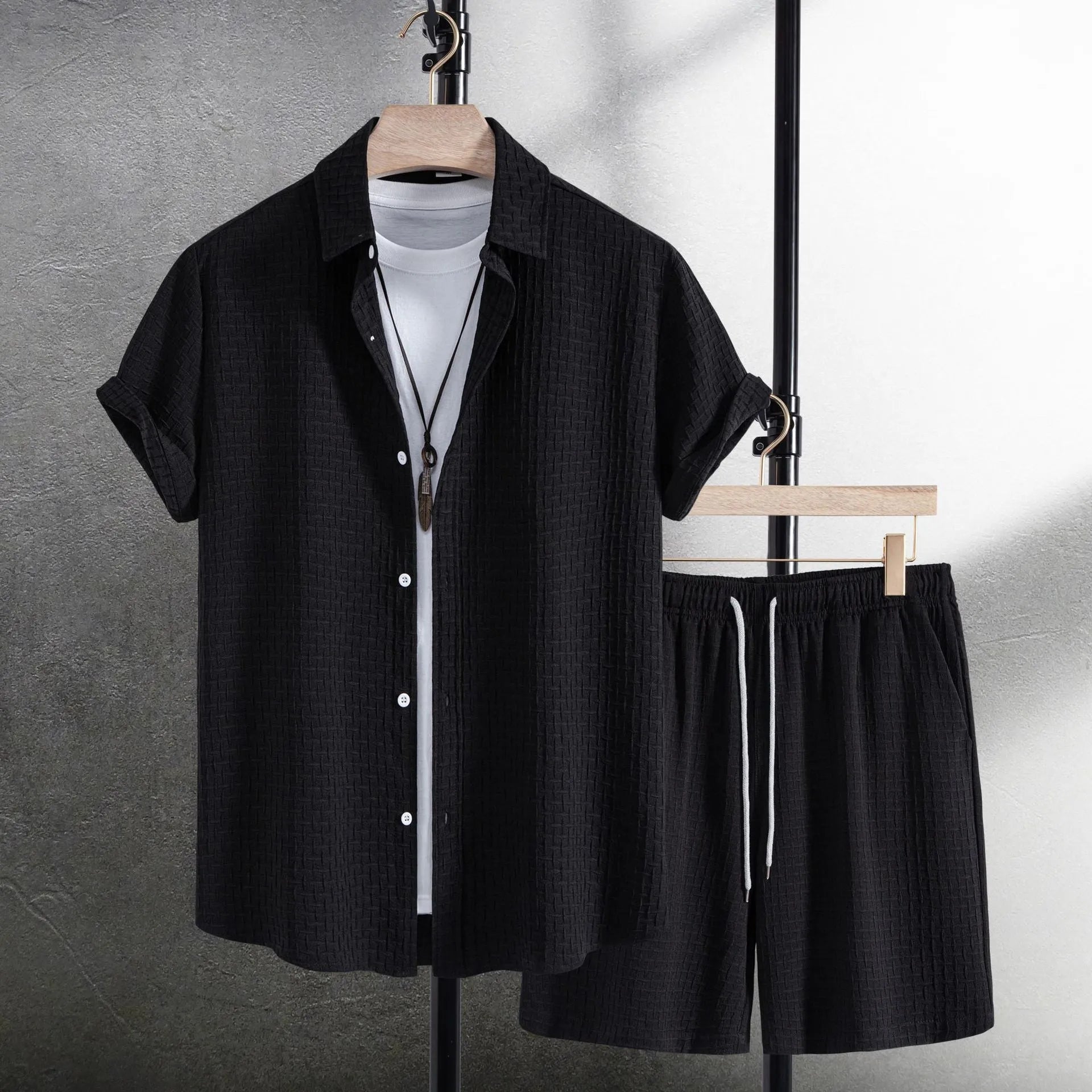 Men's black cotton blend short sleeve shirt and matching shorts set for summer beach wear