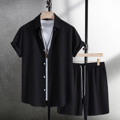 Men's black cotton blend short sleeve shirt and matching shorts set for summer beach wear