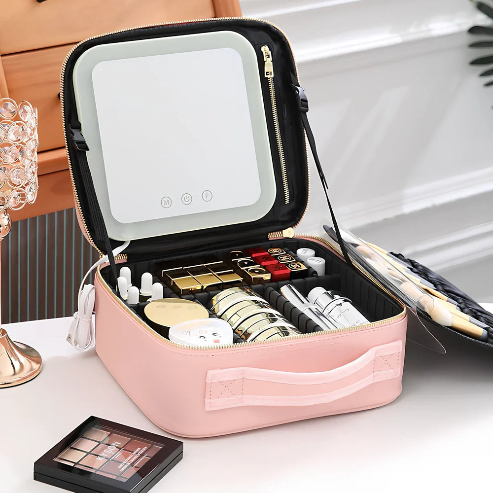Portable black PU makeup storage bag with integrated LED mirror and USB cable connection