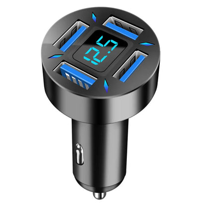 Four-port USB car charger with LED digital display showing voltage, compact black design for vehicle power socket
