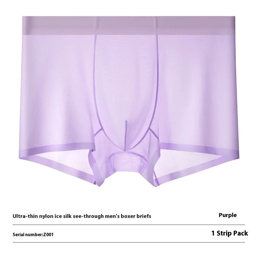 Men's ultra-thin ice silk boxer briefs in purple, shown flat to highlight seamless design.
