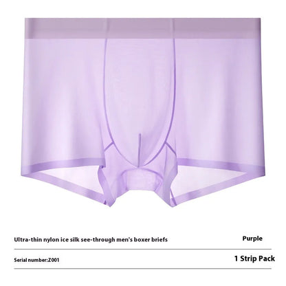 Men's ultra-thin ice silk boxer briefs in purple, shown flat to highlight seamless design.