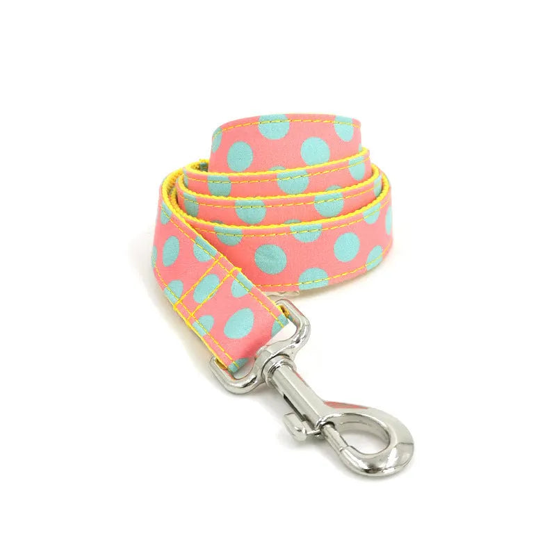 Yellow polka dot dog collar and lead set with adjustable sizing options