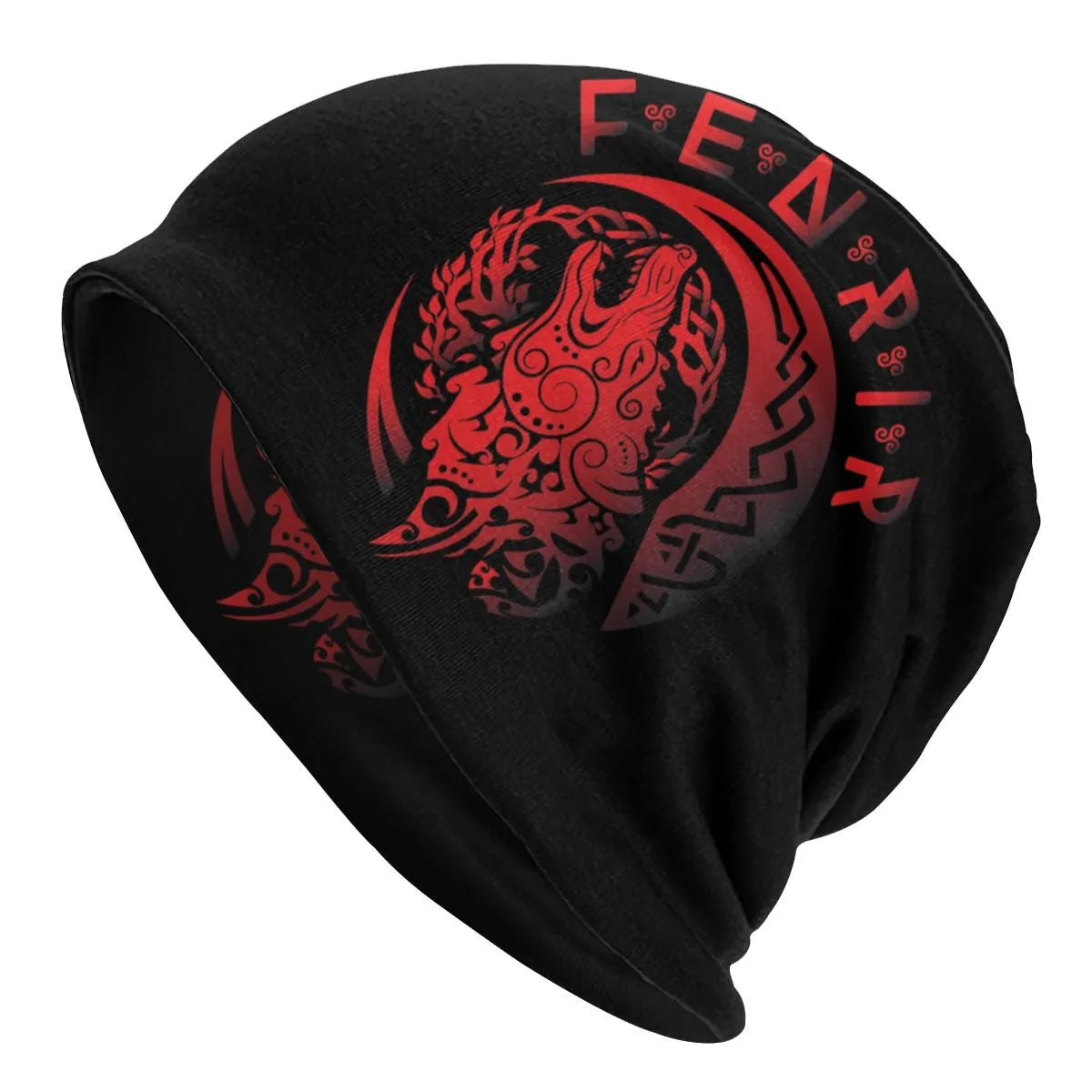 A black cotton hat with a white Viking wolf graphic and an elasticated sleeve cap construction.