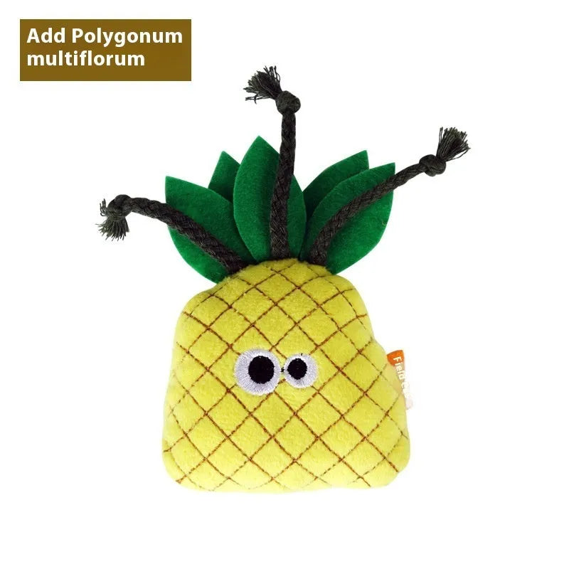 Tiantianmao plush catnip pillow toy in burrito, pizza, pineapple, cucumber, cone, and mushroom shapes.