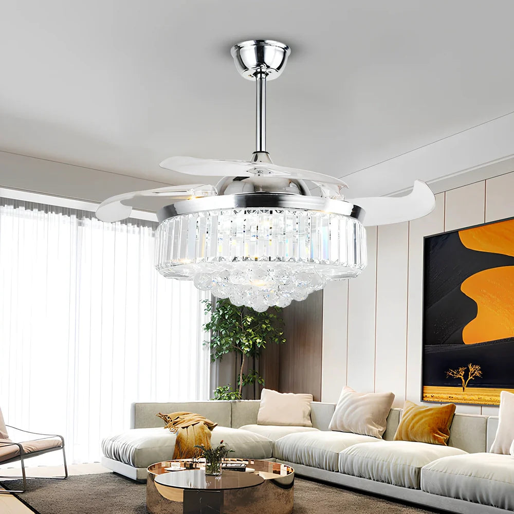Crystal ceiling fan light with LED chandelier and 42-inch blades in European style with copper framework