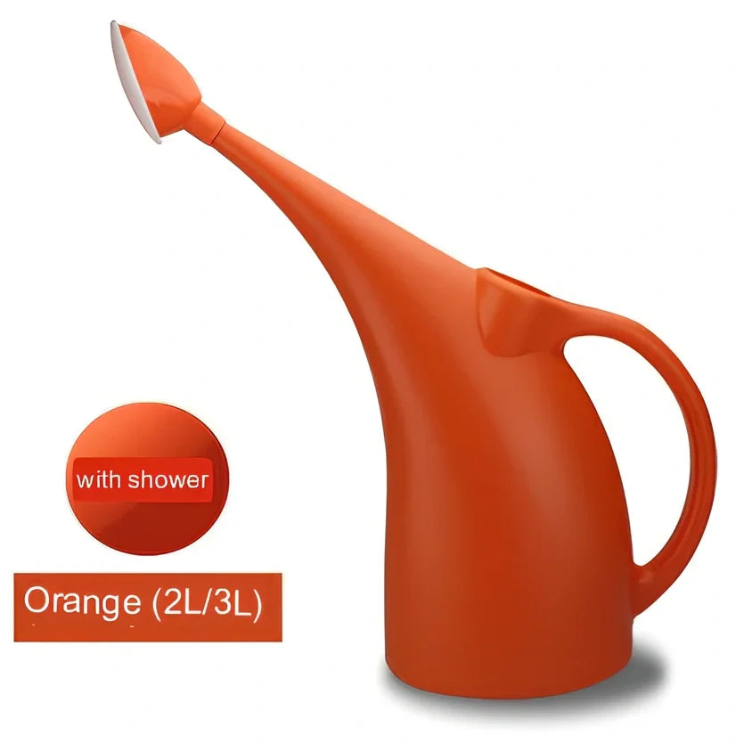 Green watering can with long spout showing measurements and shower head attachment for garden plants